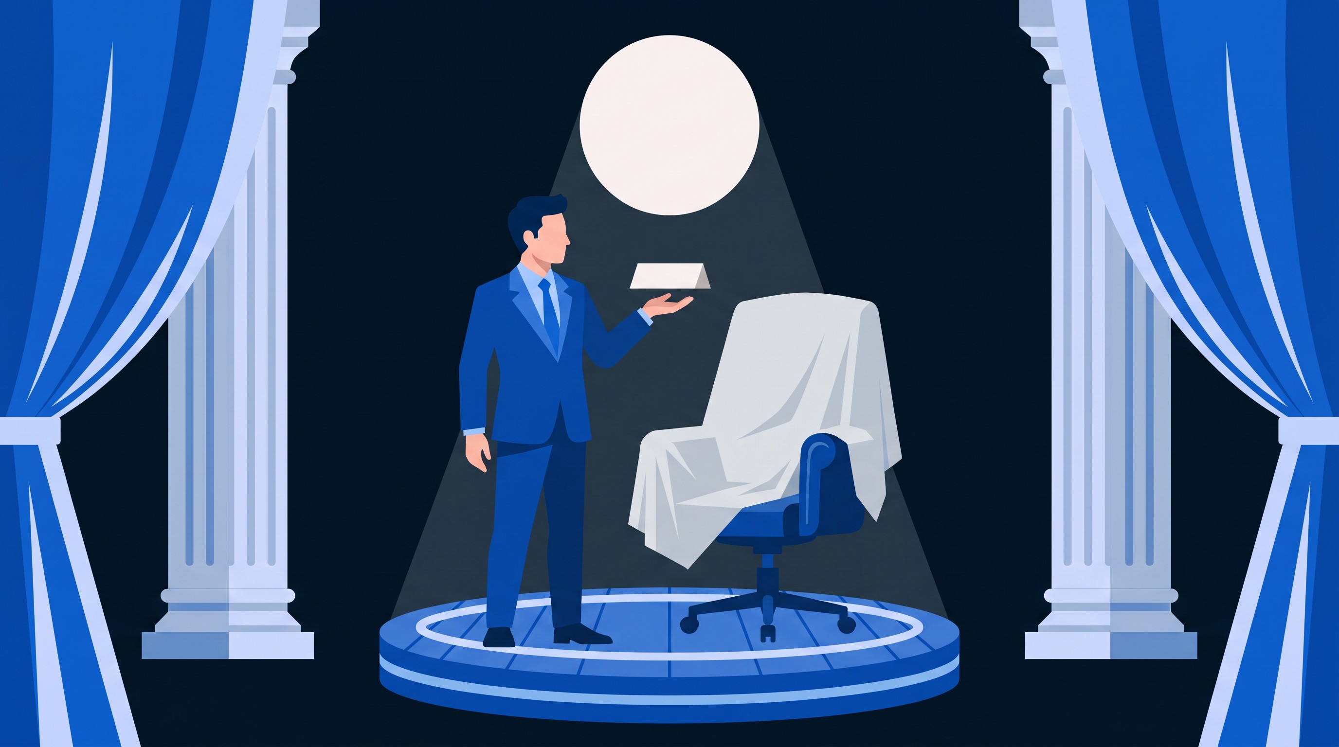 Ilustrație: un funcționar pe o scenă de teatru, privind o plăcuță de birou, în fața unui fotoliu acoperit cu o pânză