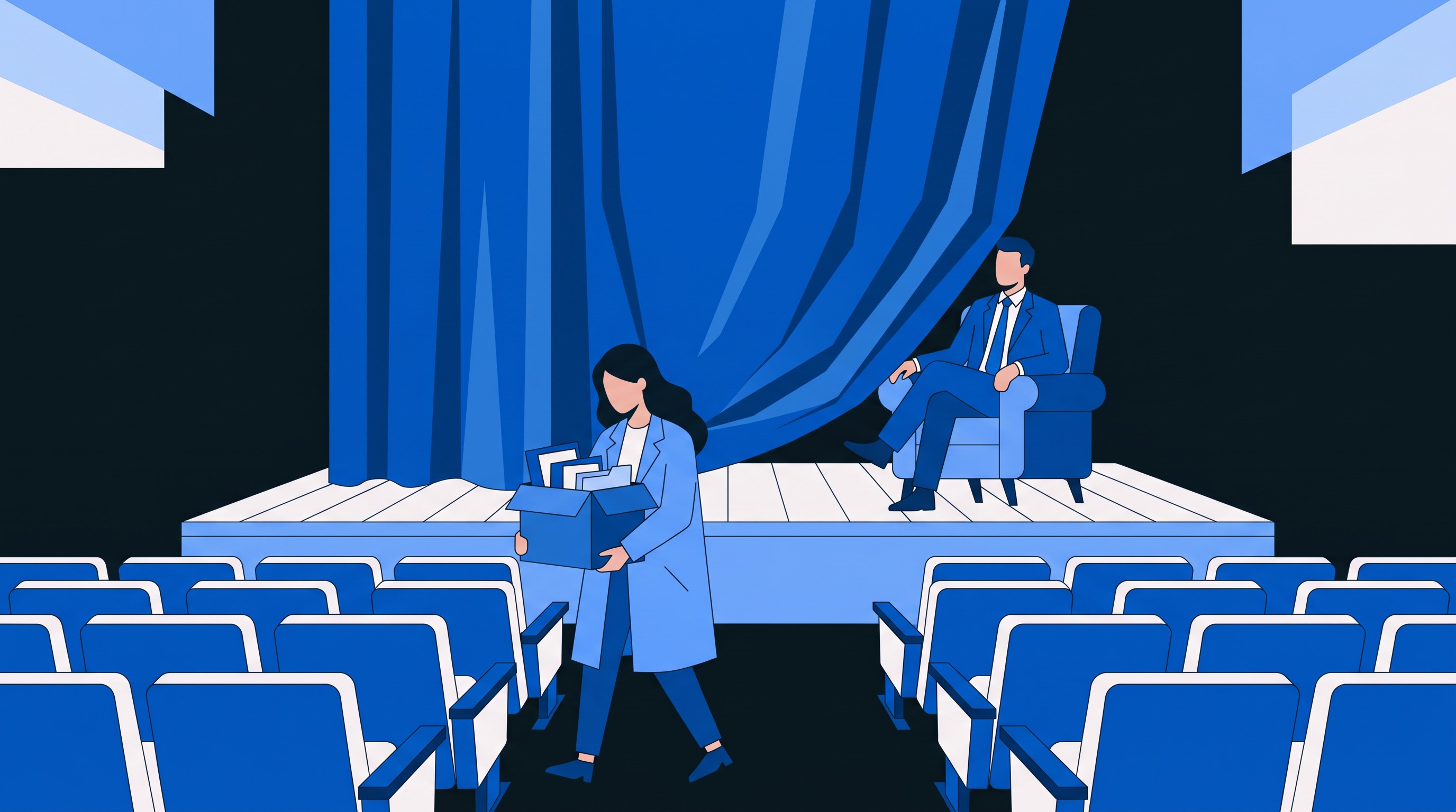 Ilustrație: cortina cade, iar un angajat pleacă din sală cu o cutie de dosare